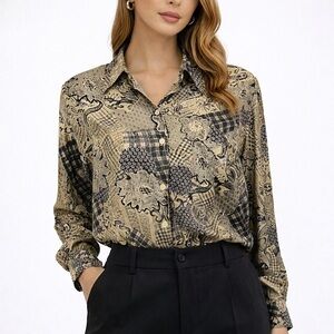 Vintage Details Express 100% Silk Button Front Floral Paisley Blouse Women's LG
